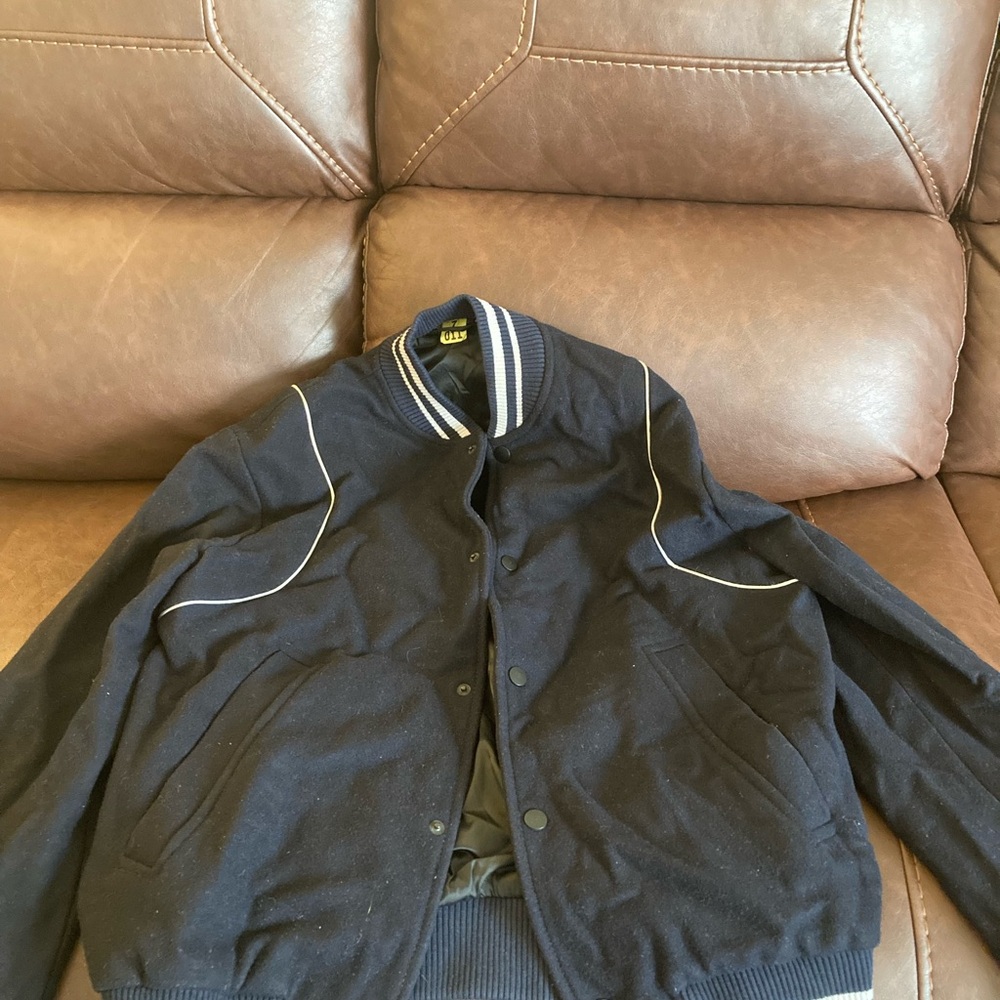 Zara Navy Varsity Jacket with White Accents